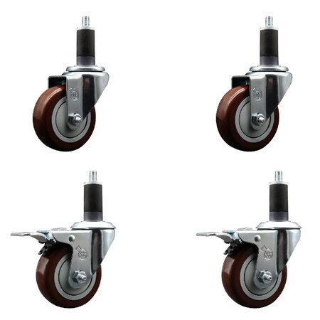 Service Caster 3.5'' SS Maroon Poly Swivel 1-1/4'' Expanding Stem Caster Set 2 Total Lock Brakes, 4PK SCC-SSEXTTL20S3514-PPUB-MRN-2S2-114